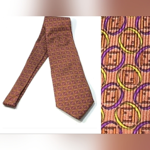 FENDI VINTAGE Copper With Gold and Purple Rings around Logo Print Silk Tie - Picture 1 of 15